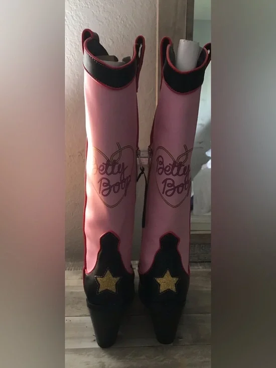 Dolls Kill Pink & Black Betty Boop Cowboy Knee-High Boots - Picture 2 of 3